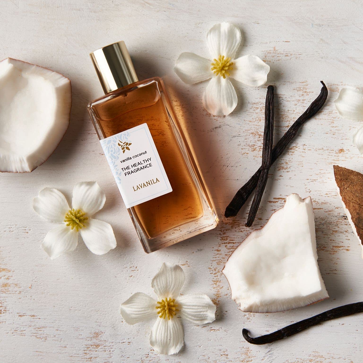 Lavanila Vanilla Coconut bottle close-up highlighting Madagascar vanilla for warm, comforting aroma.