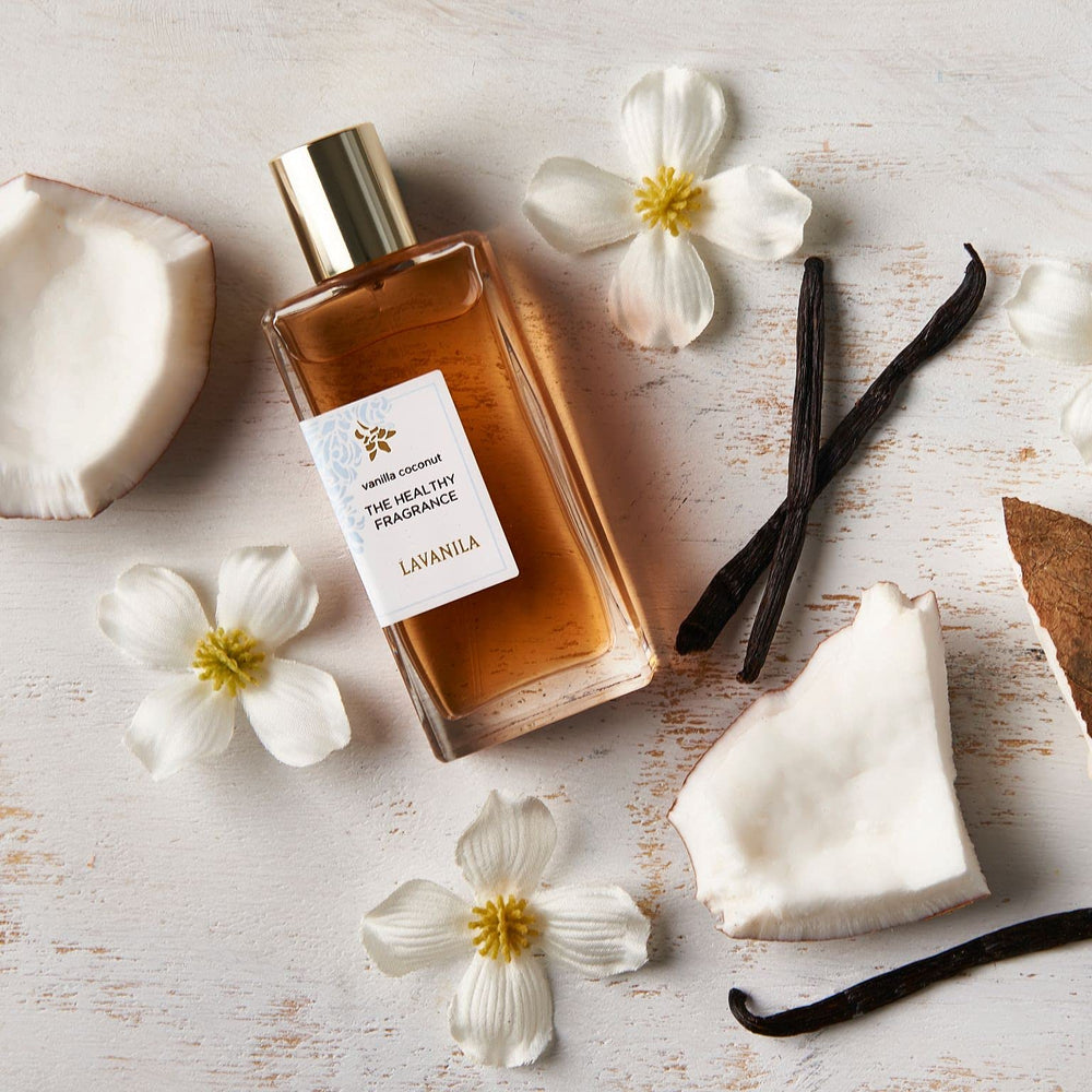 Lavanila Vanilla Coconut bottle close-up highlighting Madagascar vanilla for warm, comforting aroma.