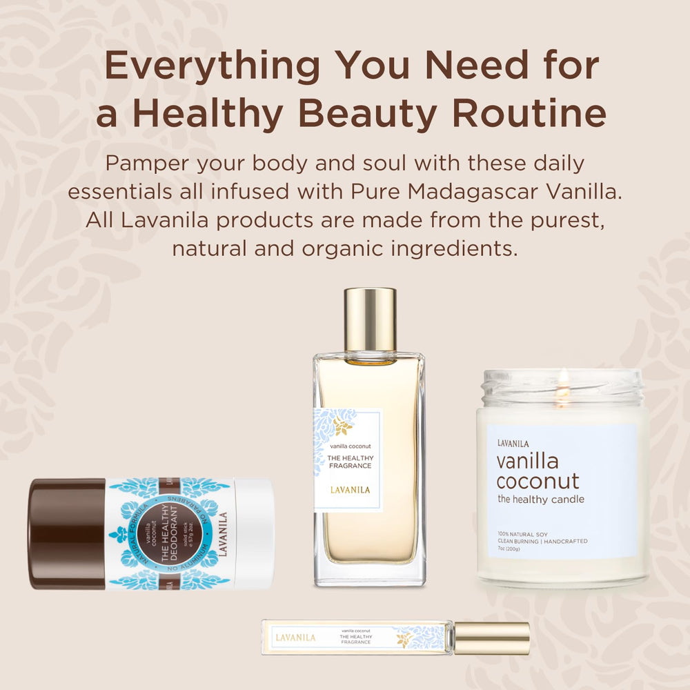 Lavanila Vanilla Coconut perfume travel-size bottle highlighting Made in USA craftsmanship.