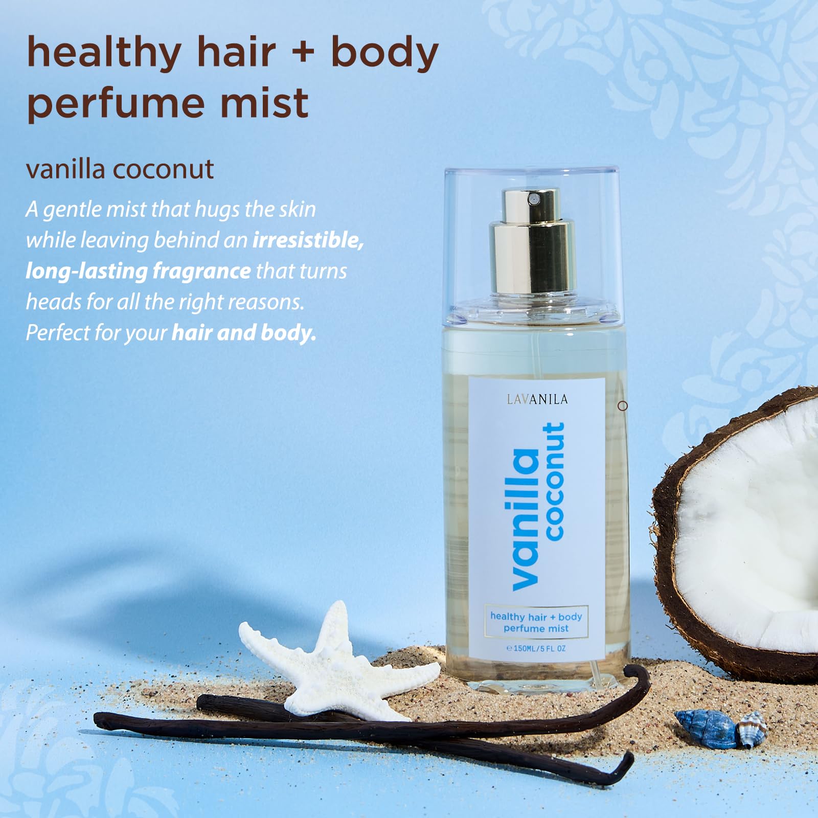 Lavanila perfume mist being sprayed on hair for gentle scent and soft shine.