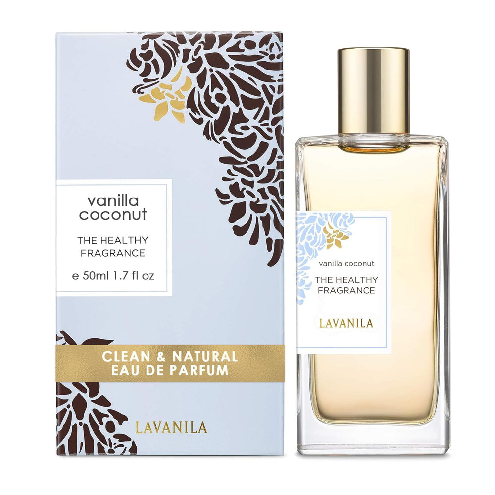 Lavanila Vanilla Coconut perfume sugar-cane-alcohol formula shown, signaling clean and natural fragrance.