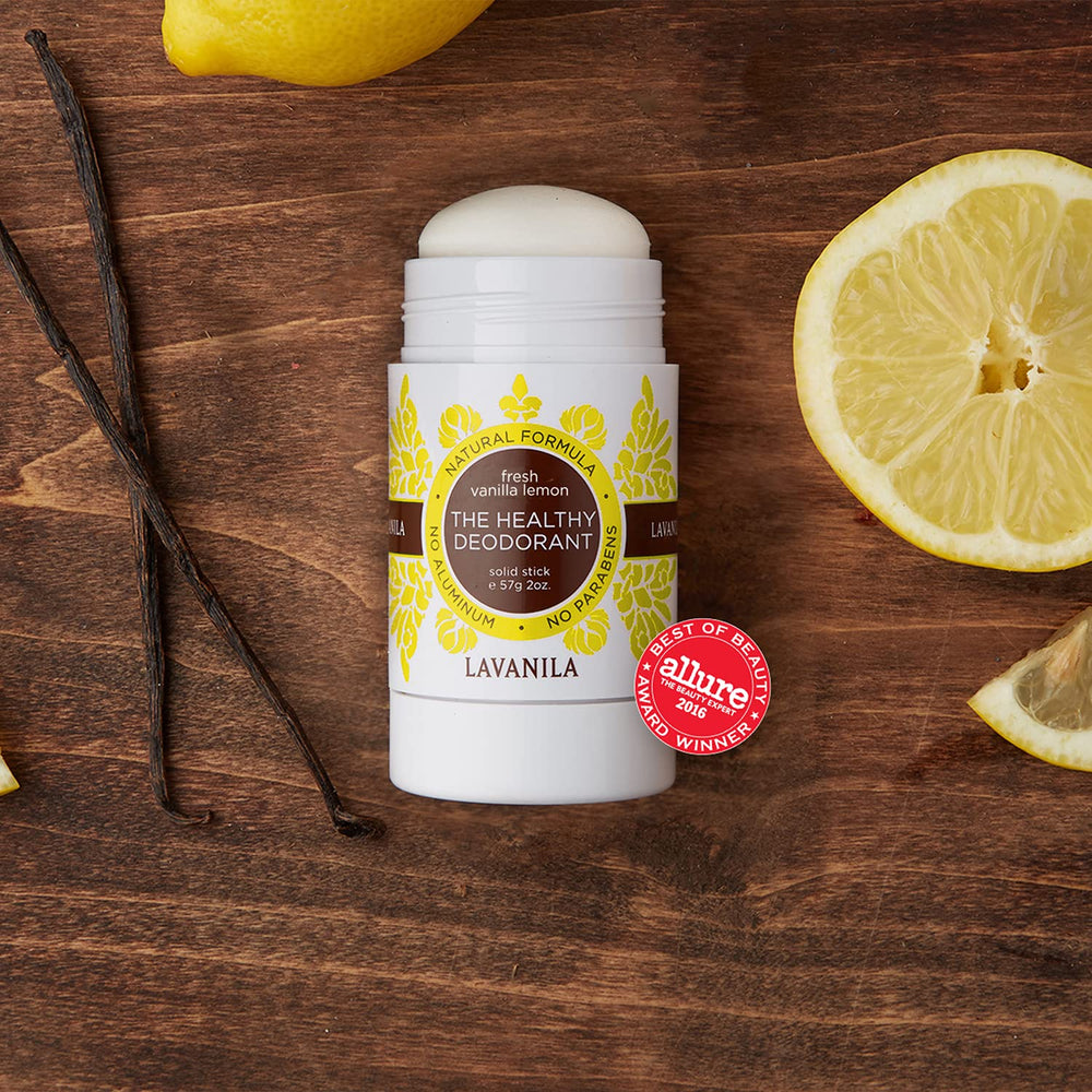 Lavanila Vanilla Lemon deodorant ingredients panel emphasizes plant-based, aluminum-free formula
