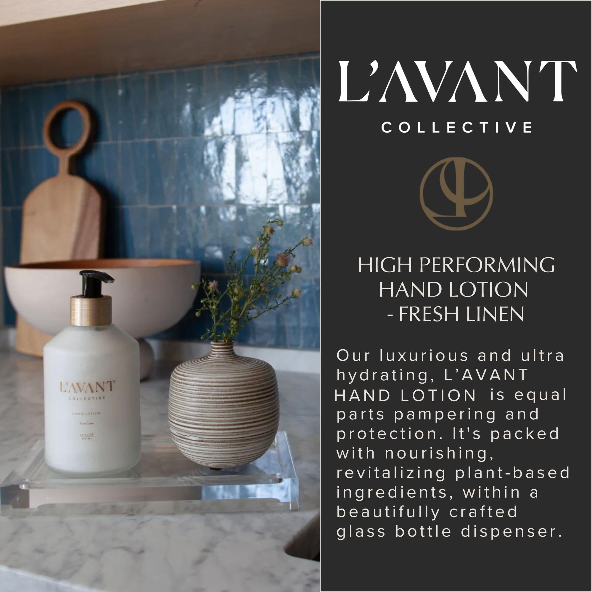 L'AVANT Collective display on a bathroom vanity suggests a luxurious daily skincare ritual.