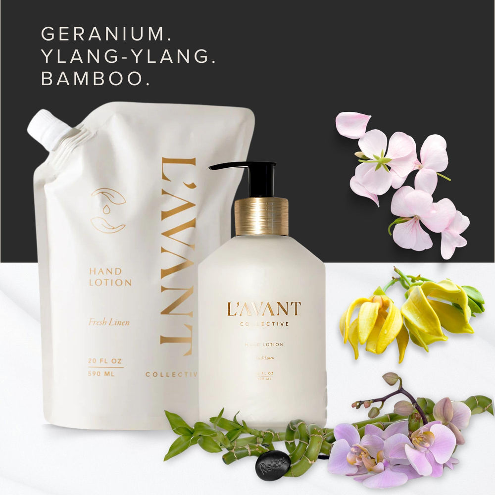 L'AVANT Collective Fresh Linen fragrance notes describe calming ylang ylang, lavender, and geranium.