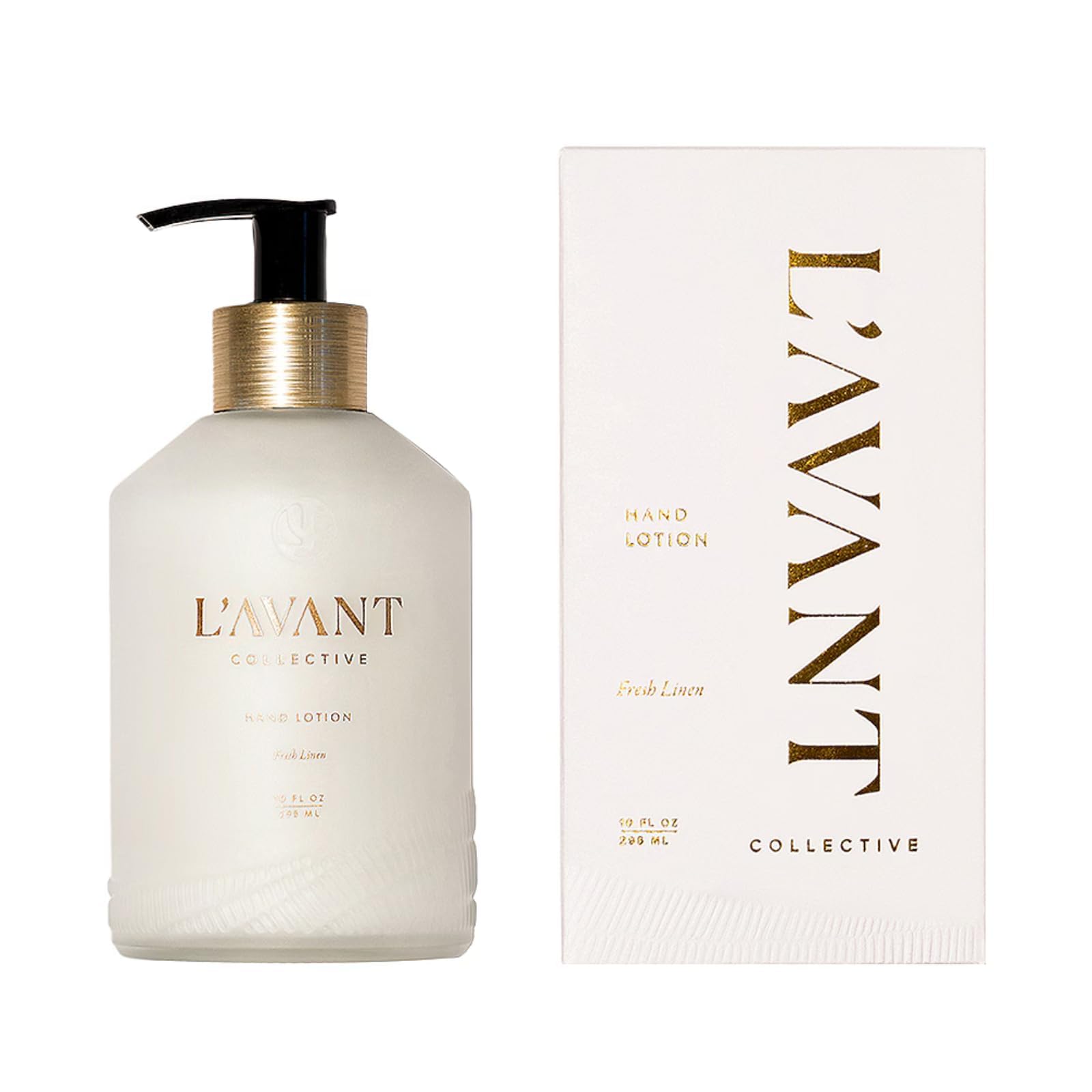 L'AVANT Collective Luxury Hand Lotion glass bottle front shows premium hydration for dry hands.