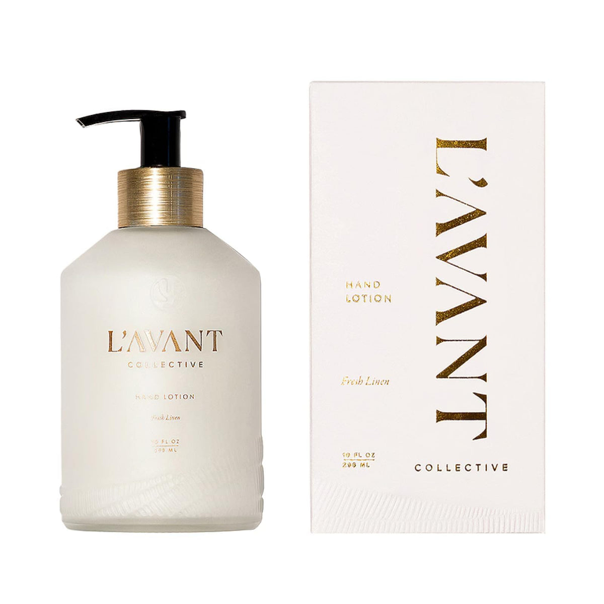 L'AVANT Collective Luxury Hand Lotion glass bottle front shows premium hydration for dry hands.
