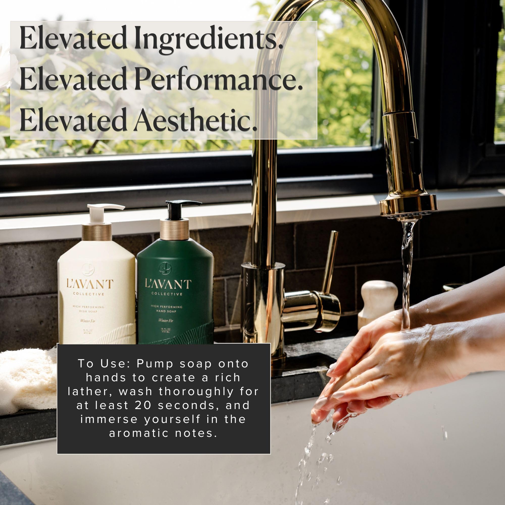 L'AVANT Collective hand soap hands-wash-ritual suggests calm routine and clean confidence.