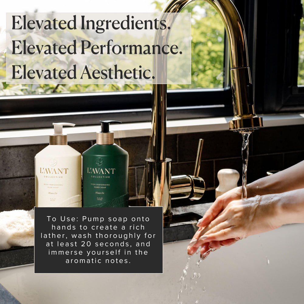 L'AVANT Collective hand soap hands-wash-ritual suggests calm routine and clean confidence.