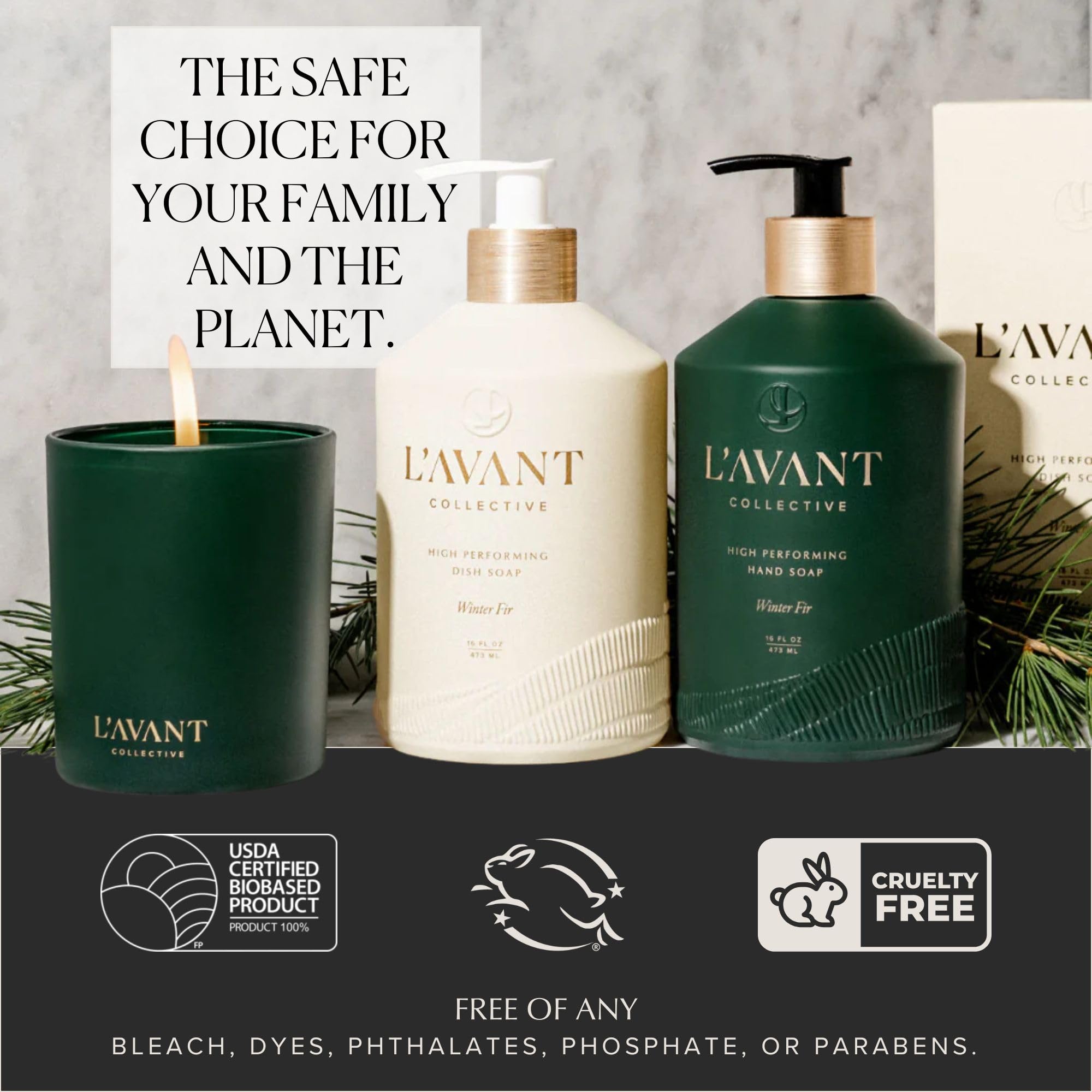L'AVANT Collective hand soap label design emphasizes premium aesthetics and informative packaging.