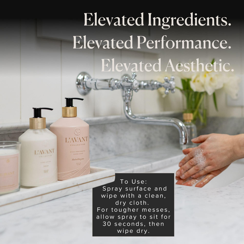 L’AVANT Collective luxury bathroom scene conveys spa-like hand care at home.