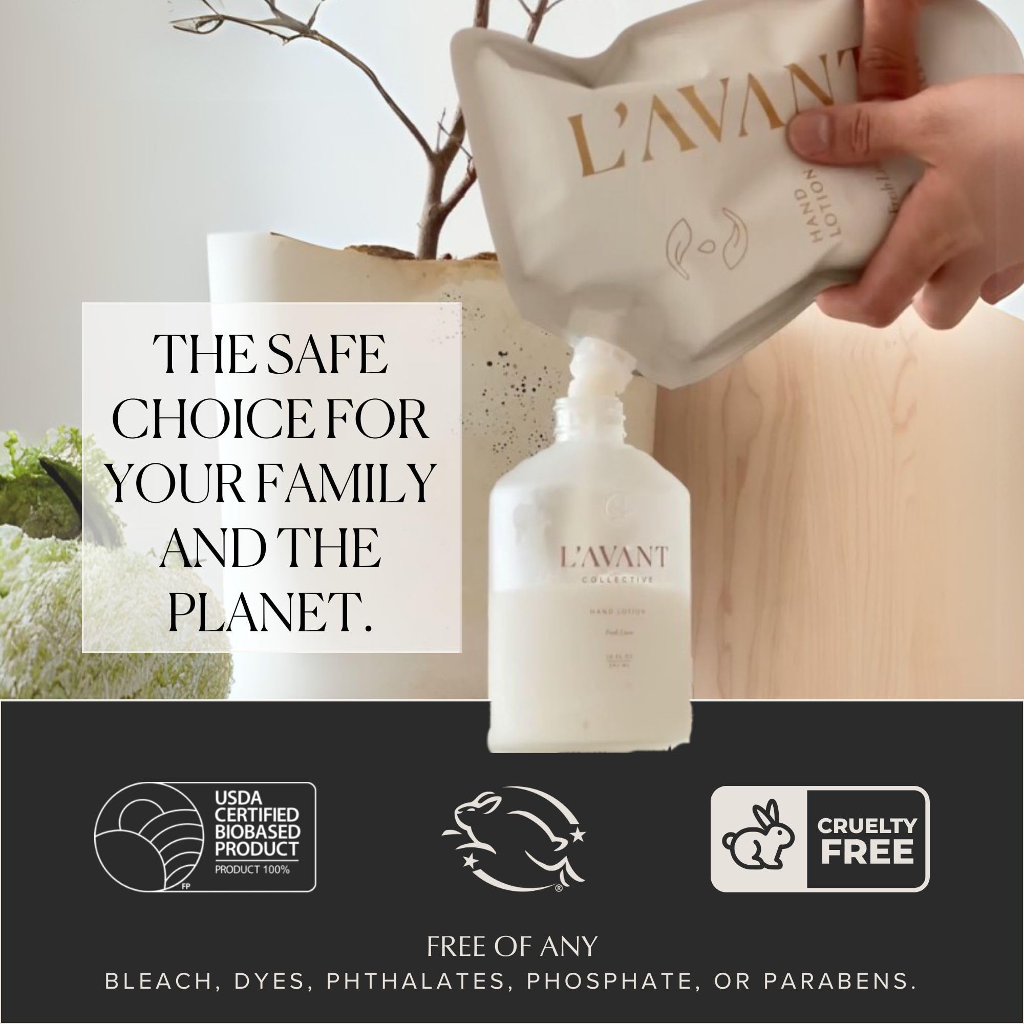 Before and after of soft hands with L'AVANT Collective luxury lotion refill