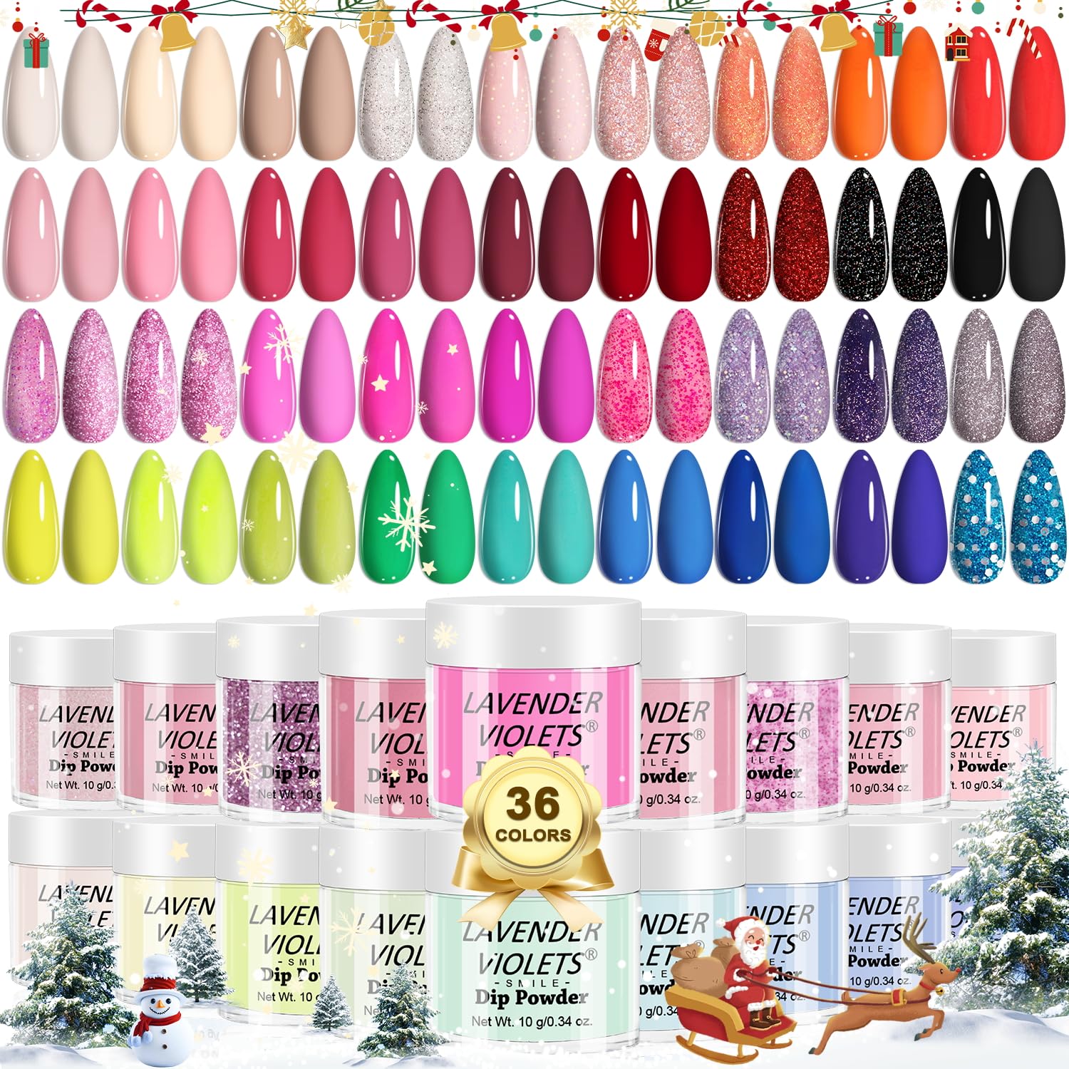 Lavender Violets 36-color dip powder kit jars array for all-season manicure options at home.