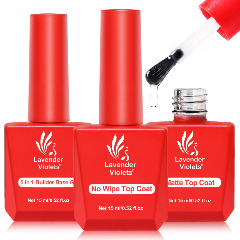 Lavender Violets 3pcs 15ml set image shows versatile base and top coats for home manicure.