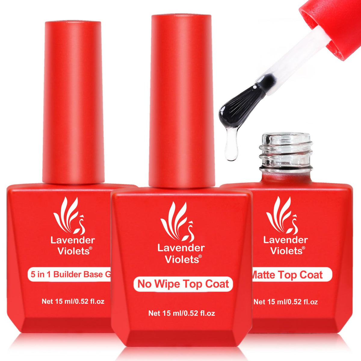 Lavender Violets 3pcs 15ml set image shows versatile base and top coats for home manicure.