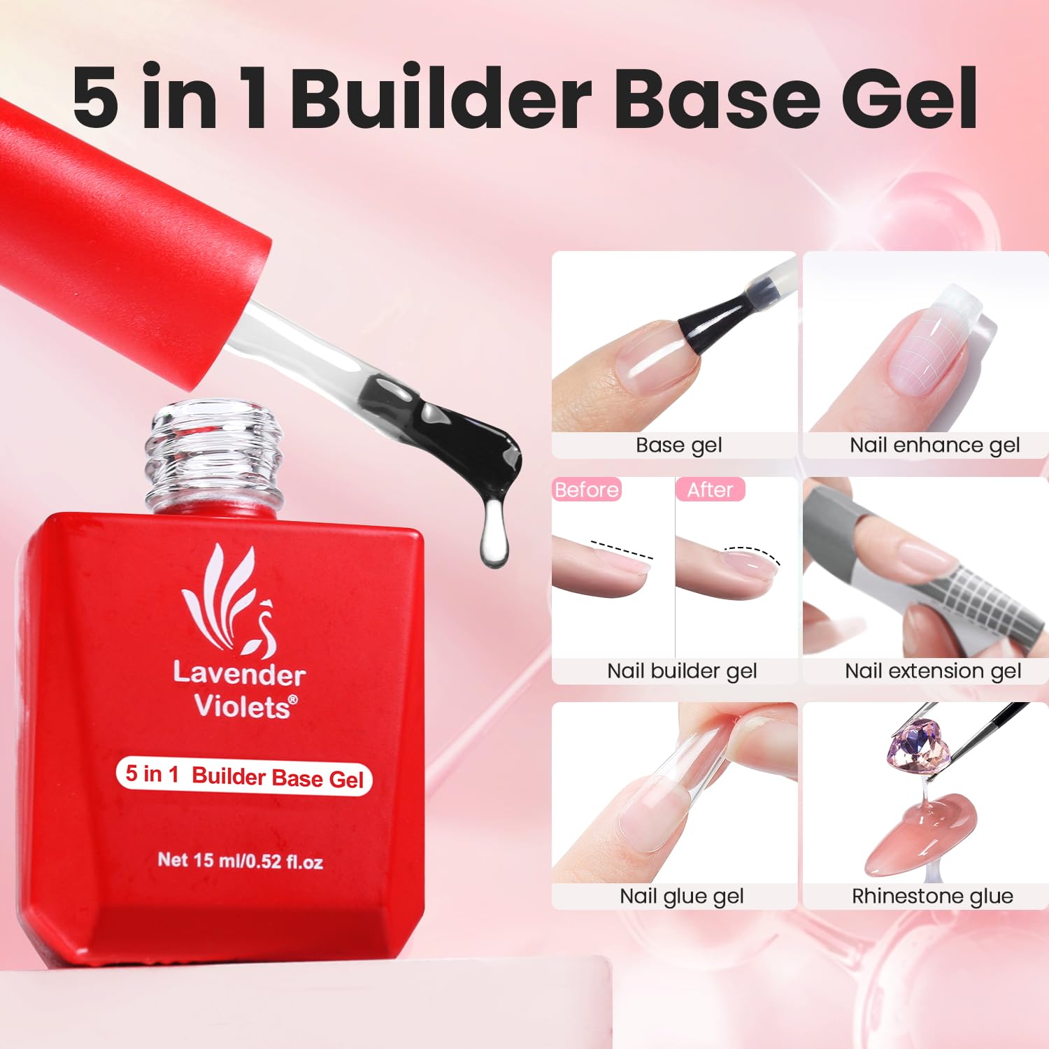 Lavender Violets 5-in-1 base gel image highlights primer, builder, and bond in one bottle.