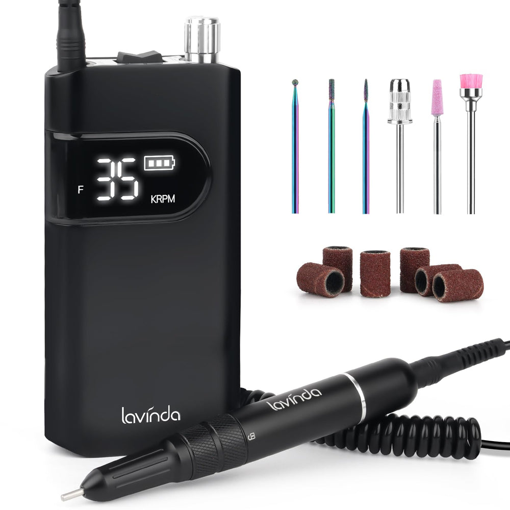 Lavinda 35000RPM nail drill image focusing on high-speed power for efficient shaping.
