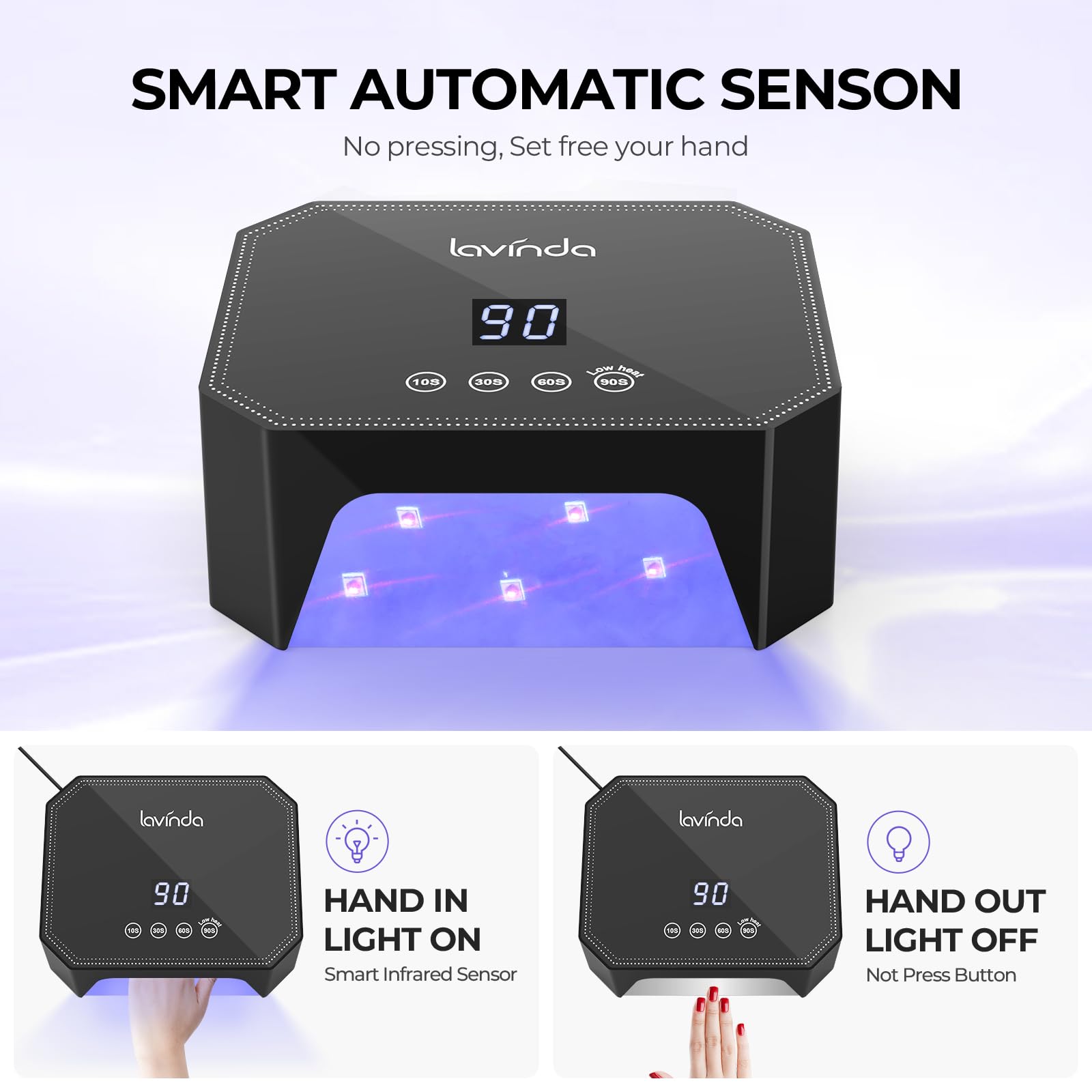 Lavinda 54W nail lamp auto sensor activation demonstrates hands-free curing experience