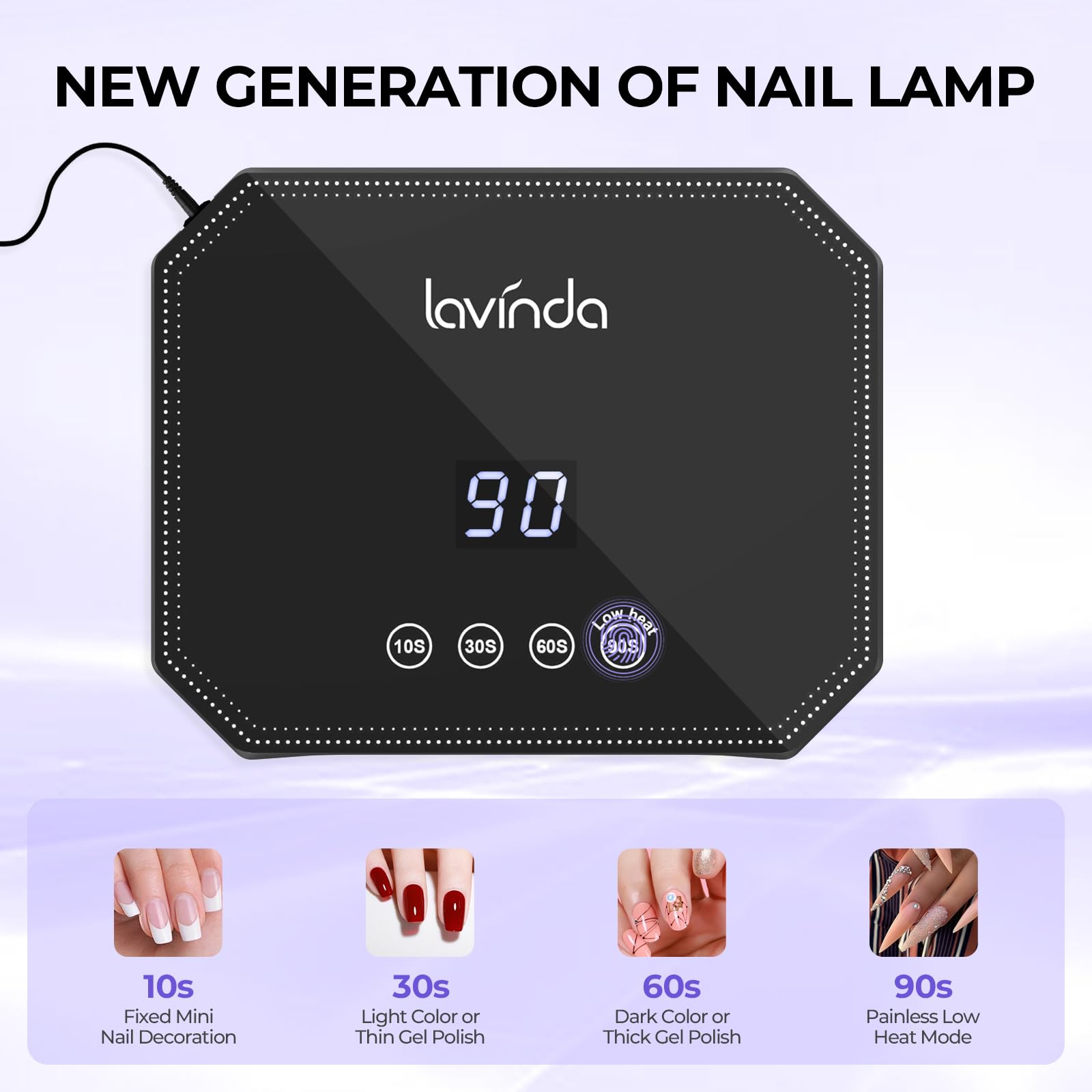 Lavinda 54W nail lamp LCD display close-up showing clear cure timing for precise manicures