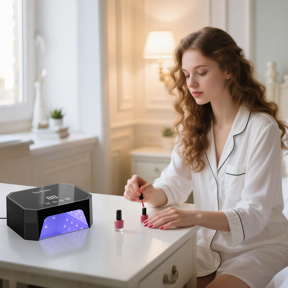 Lavinda 54W nail lamp side profile highlighting compact footprint for easy storage