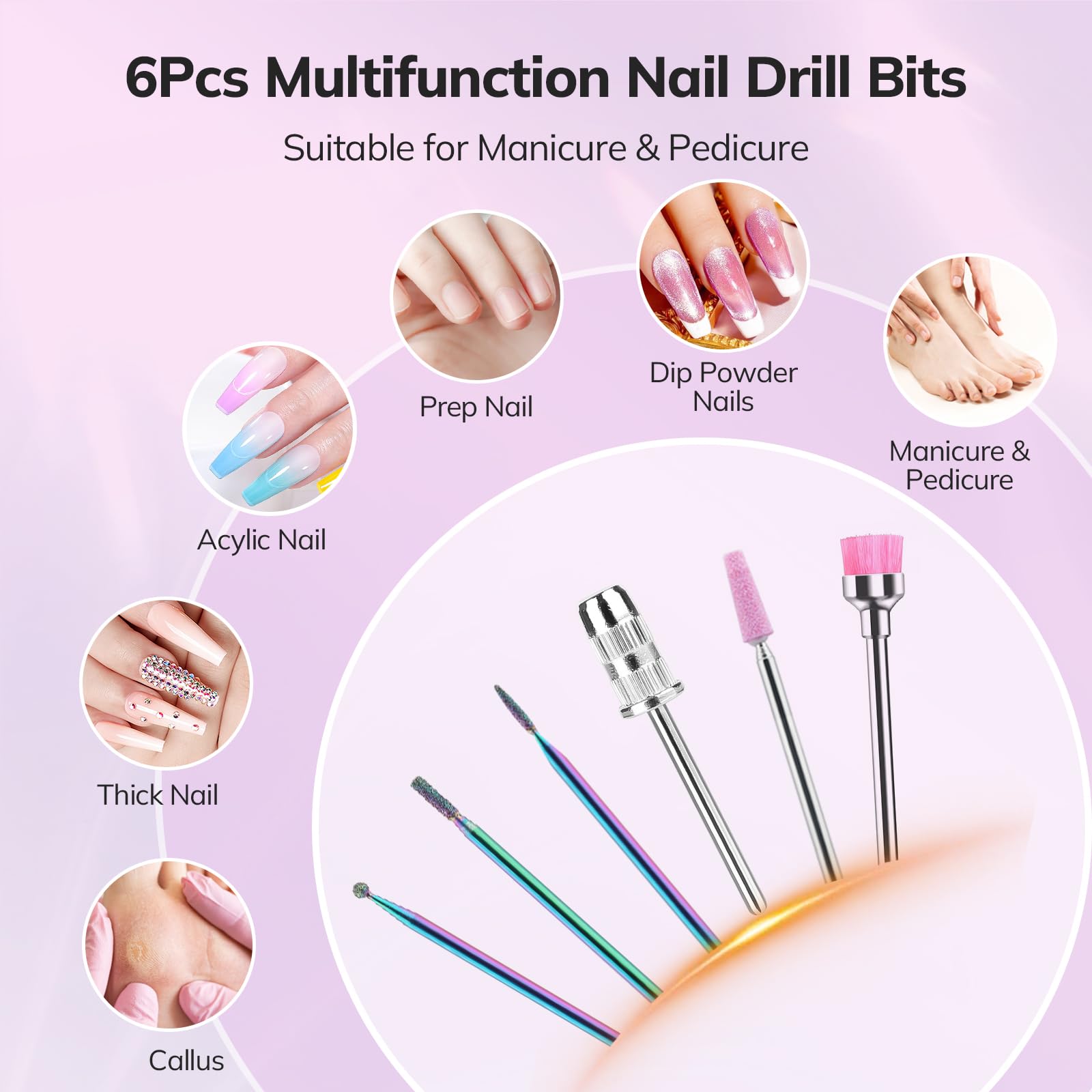 Lavinda 6-bit nail drill kit shows versatile tools for grinding polishing and shaping.