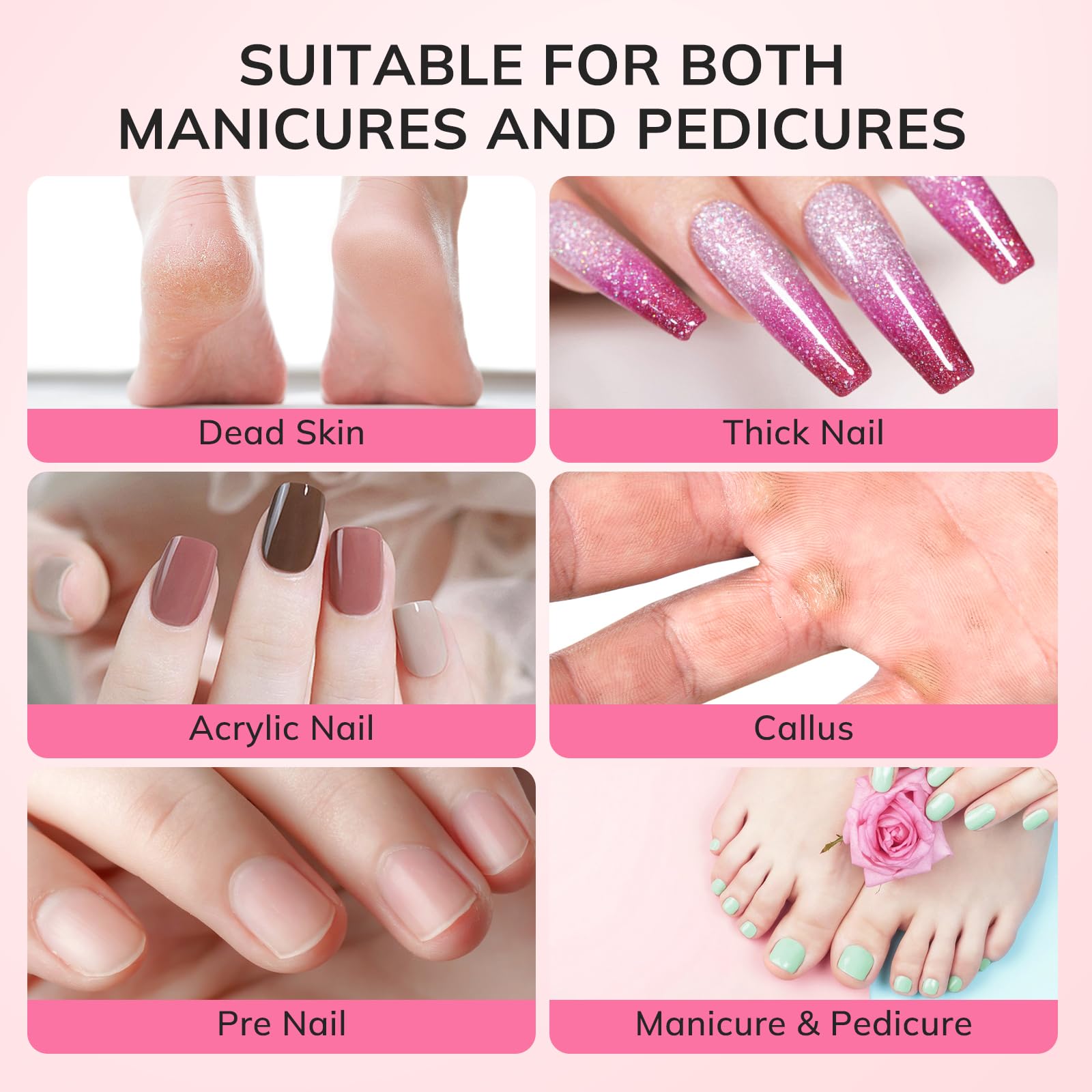 Lavinda acrylic nails being blended with pink sanding bands for smooth transitions.