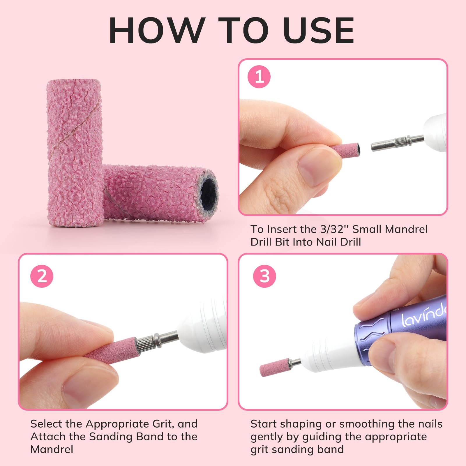 Lavinda beginner-friendly sanding bands mounted on a drill for easy home manicure use.