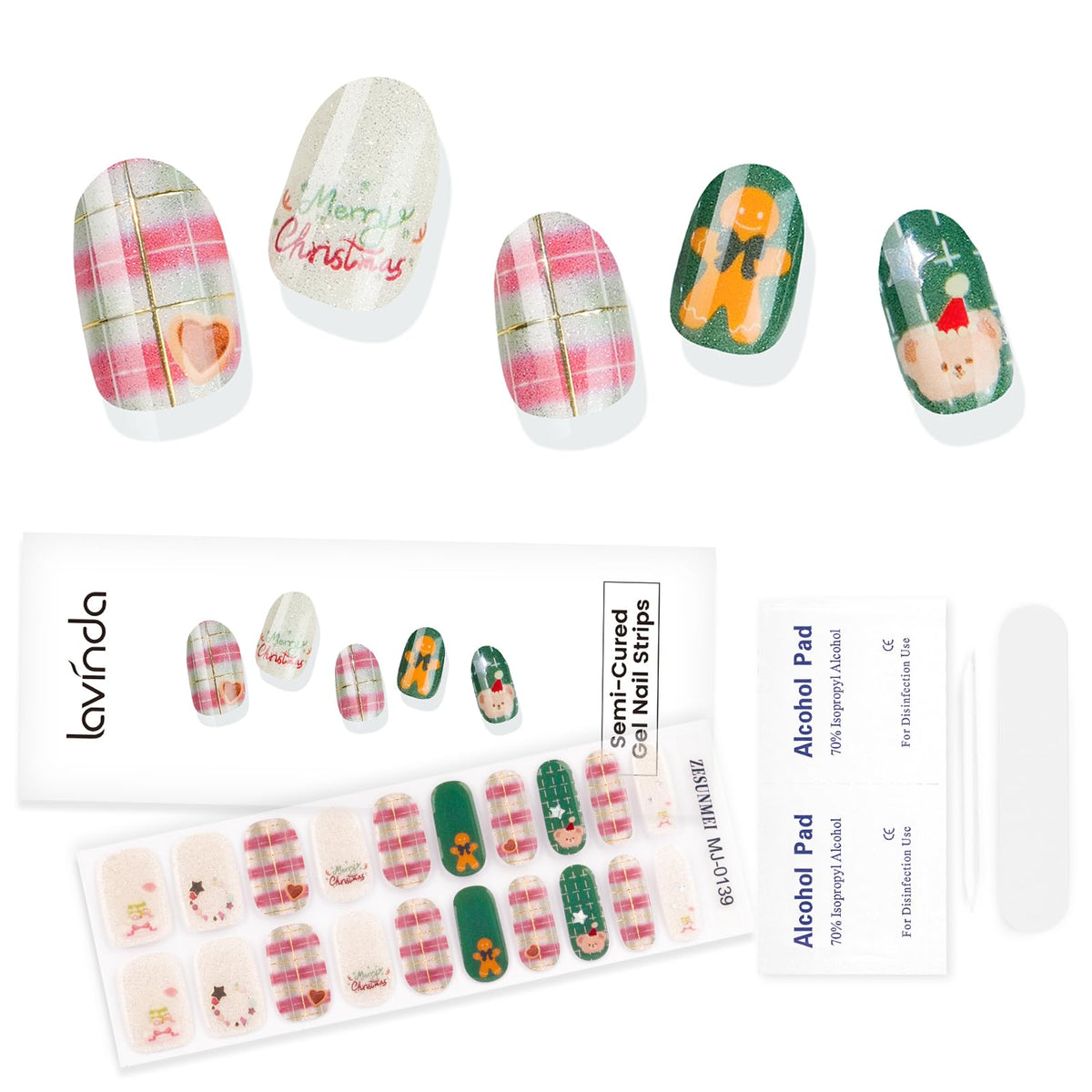 Lavinda Christmas nail strips pink plaid on nails with holiday sparkle