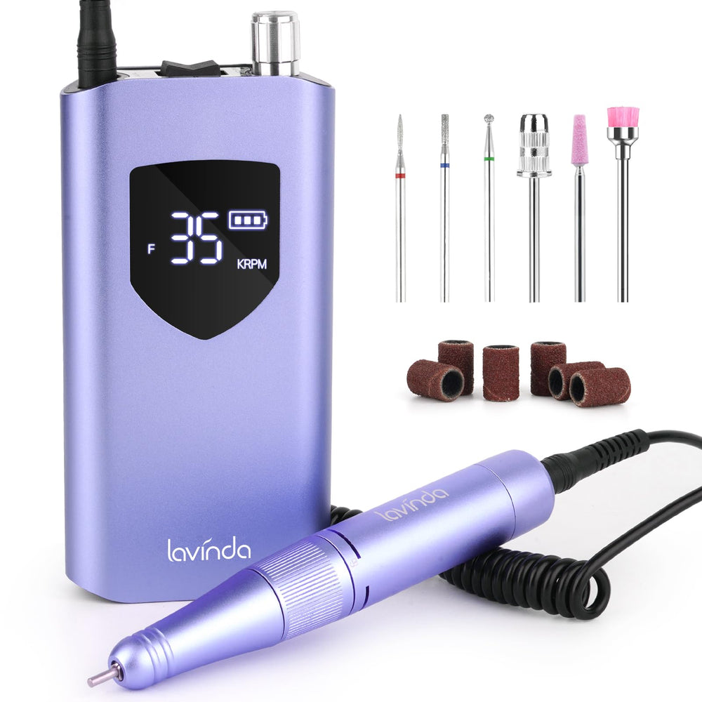 Lavinda nail drill 35000rpm purple body for fast, smooth acrylic and gel filing.