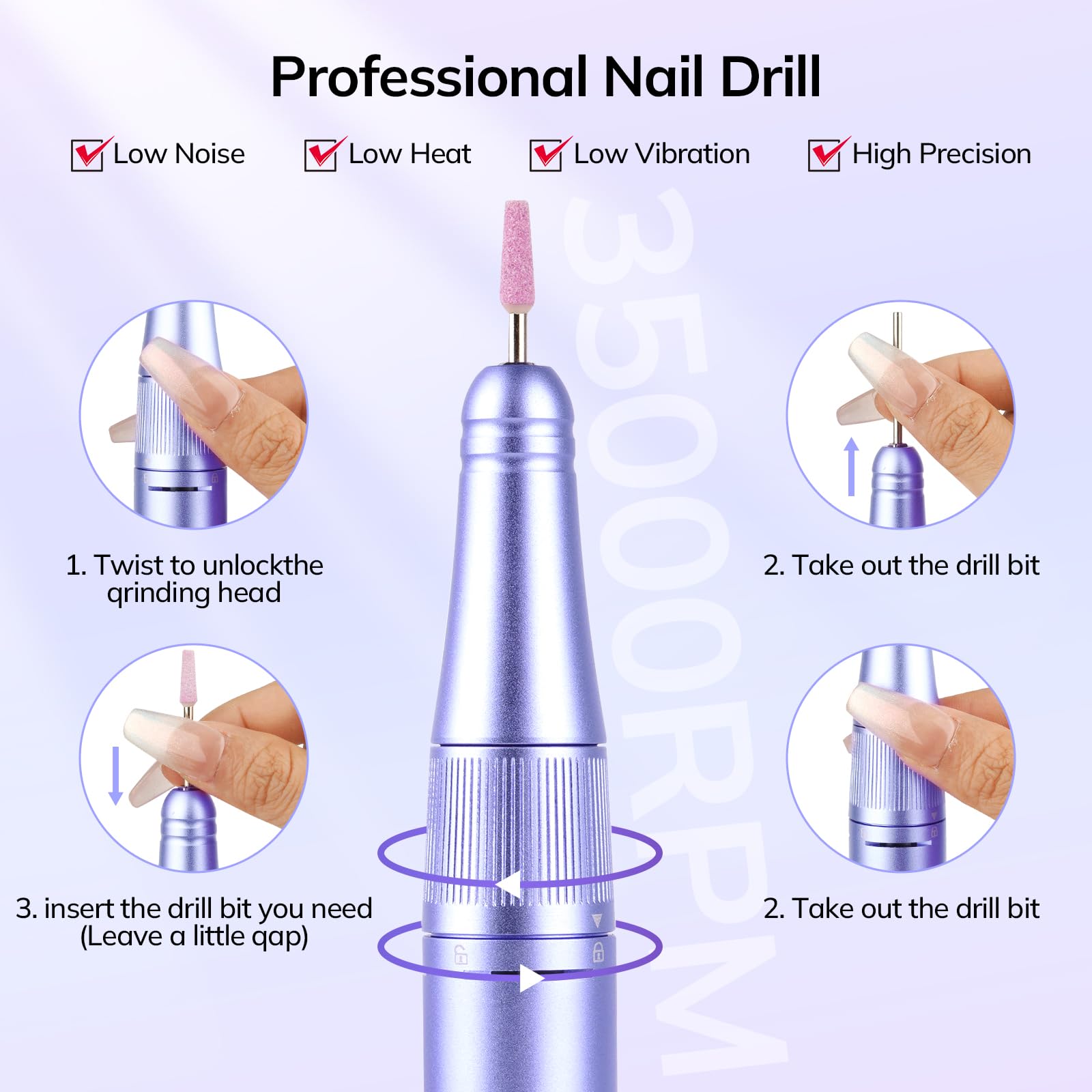 Lavinda low vibration nail drill for quiet, comfortable filing sessions.