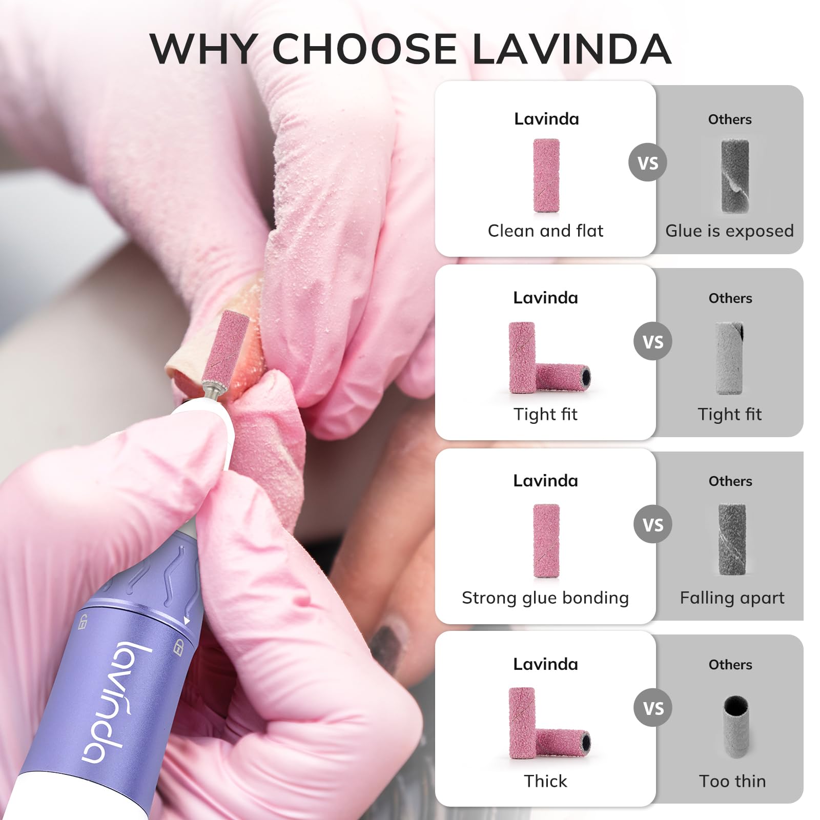 Lavinda pink sanding bands ideal for gel manicures and pedicures in salon settings.