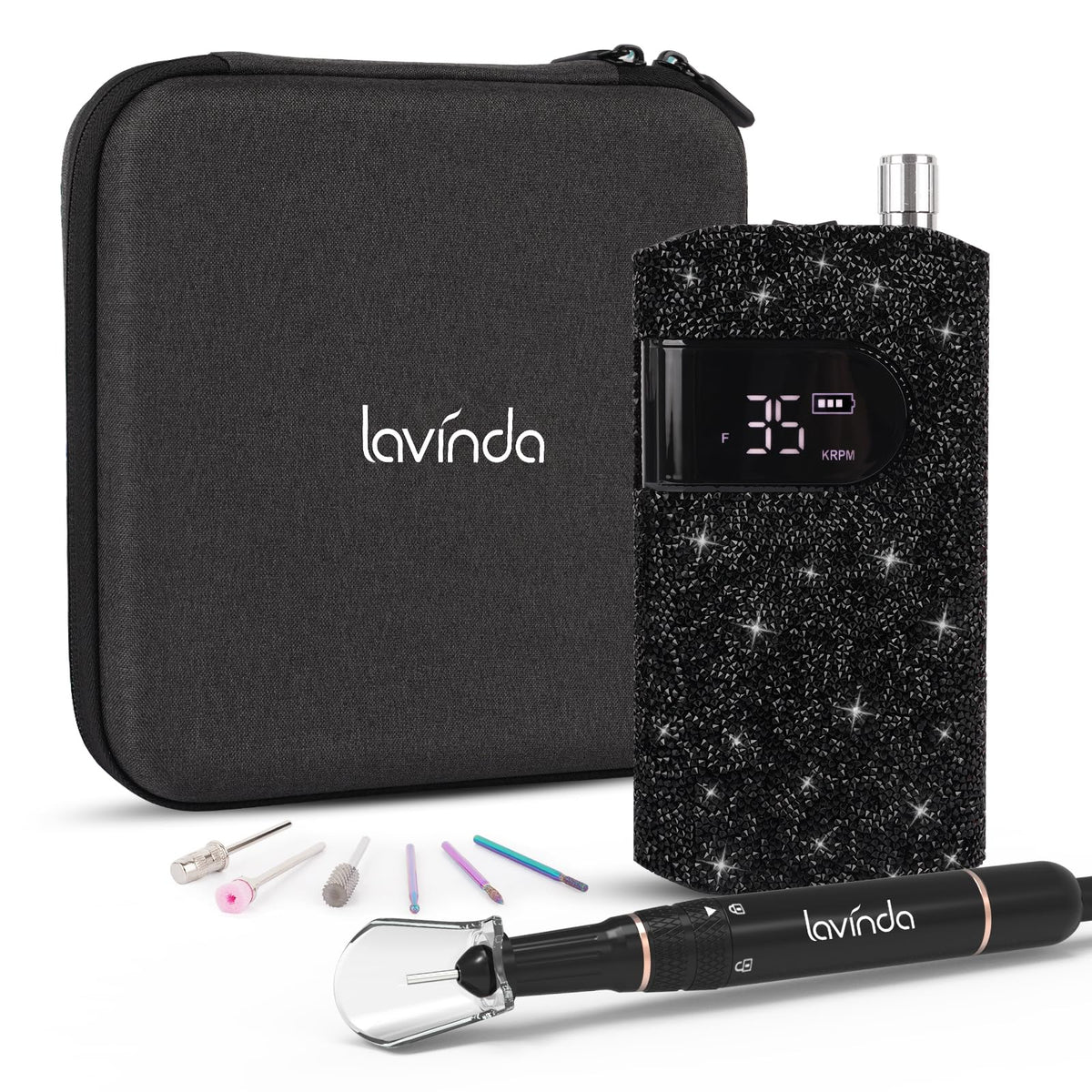 Lavinda professional electric nail drill front view with black rhinestones for stylish nail care.
