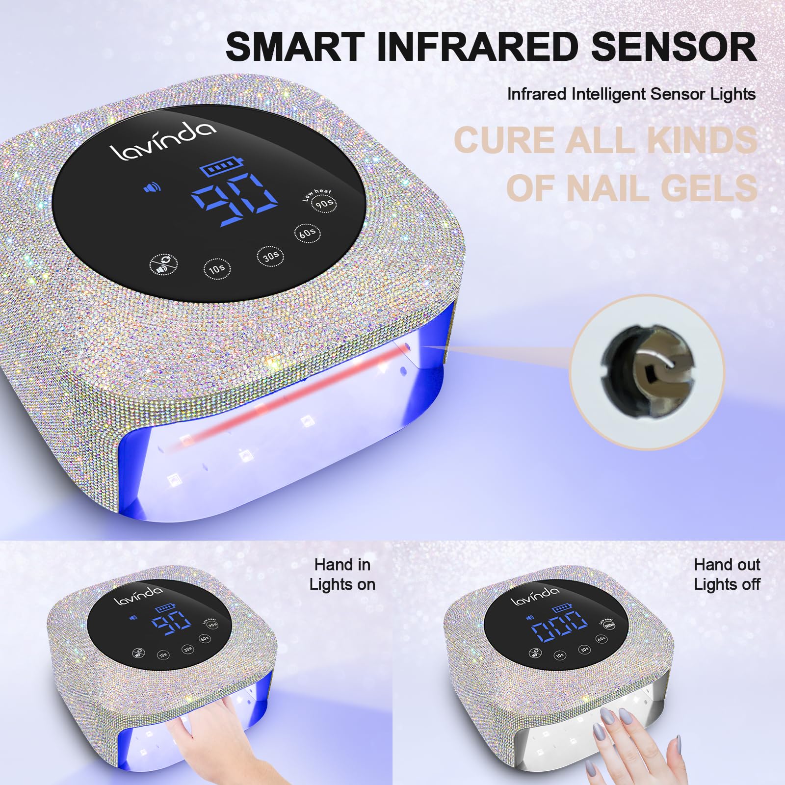 Lavinda UV LED Nail Lamp rechargeable battery indicator shows remaining runtime for cordless use.