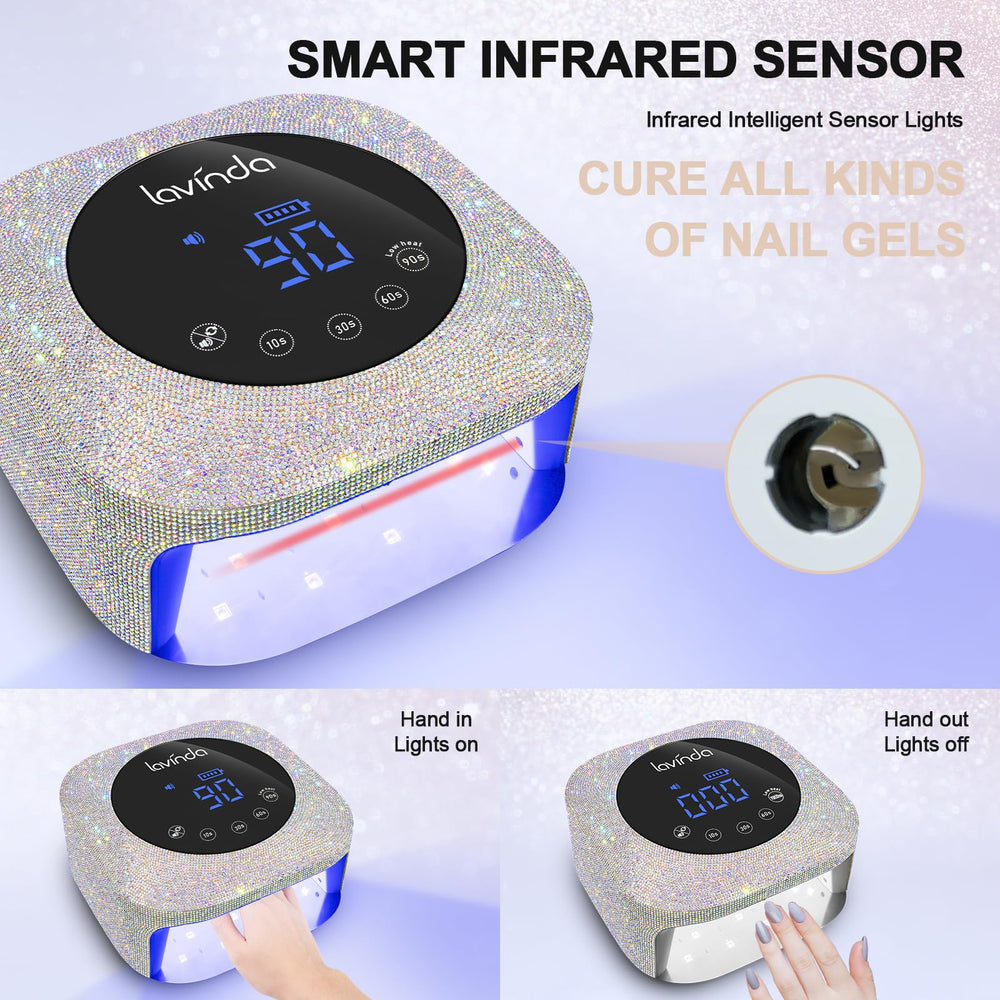 Lavinda UV LED Nail Lamp rechargeable battery indicator shows remaining runtime for cordless use.