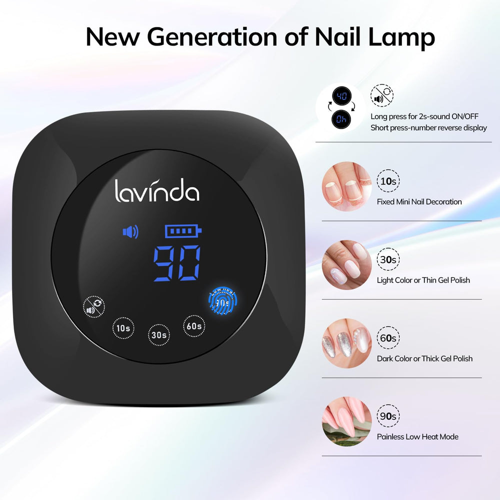 Lavinda UV Nail Lamp digital display illustrating timer options for precision