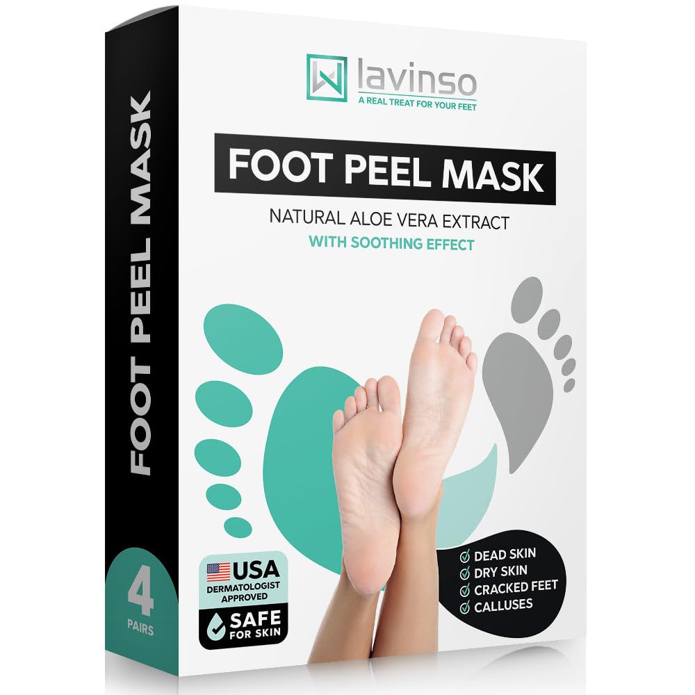 LV LAVINSO foot peel mask 4-pack packaging highlights value for at-home care.