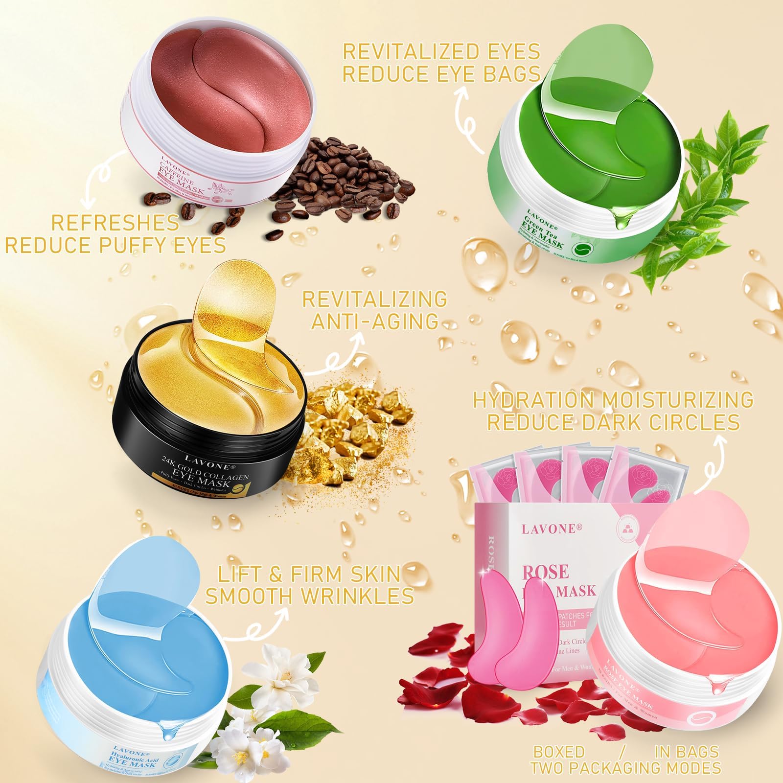 LAVONE feverfew extracts eye patches close-up signaling gentle soothing care.