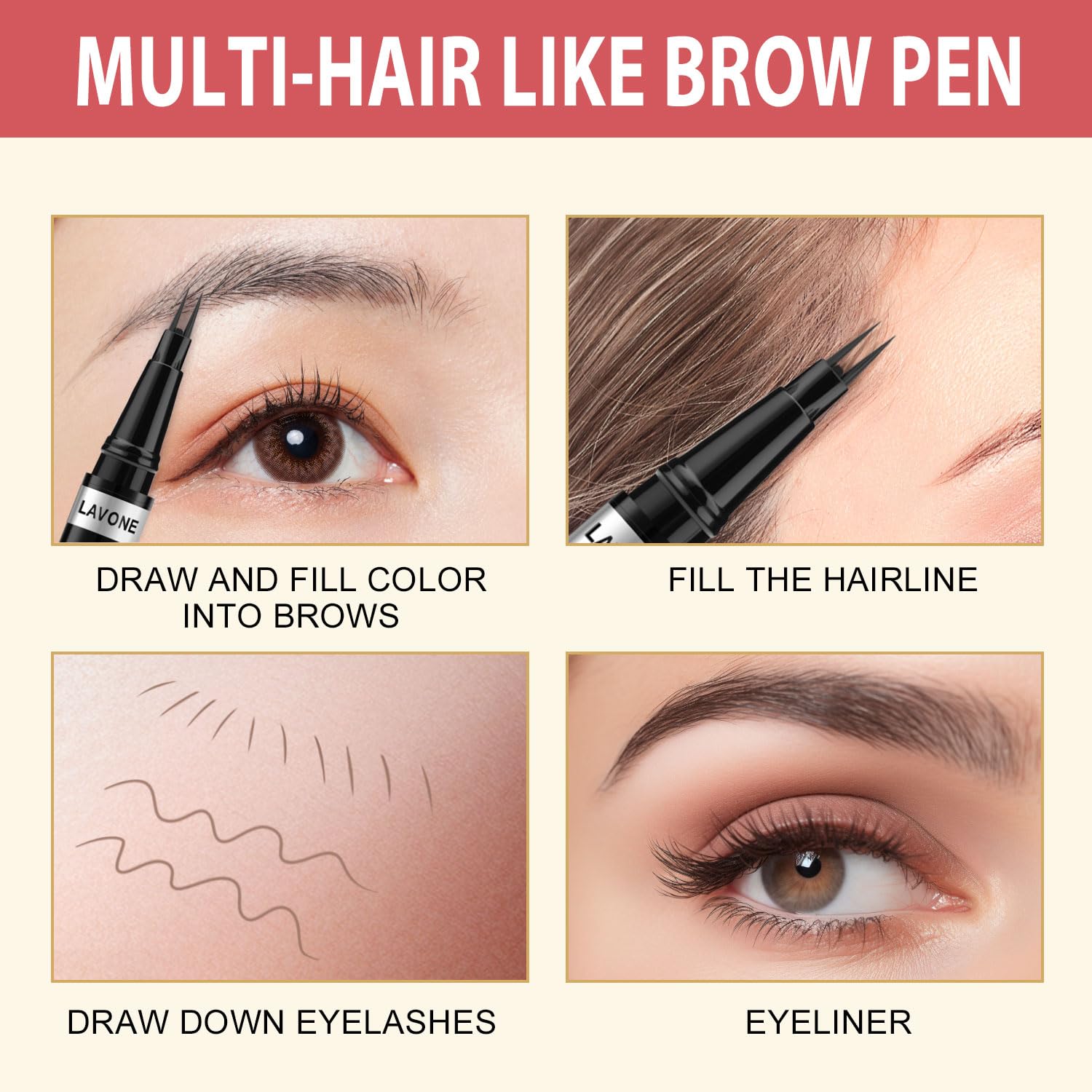 LAVONE long-wearing brow pen provides all-day hold against moisture.