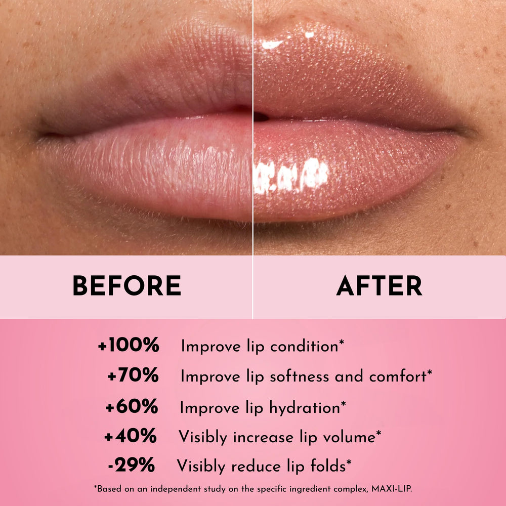Lawless Forget the Filler gloss on lips with layered lipstick show-through.