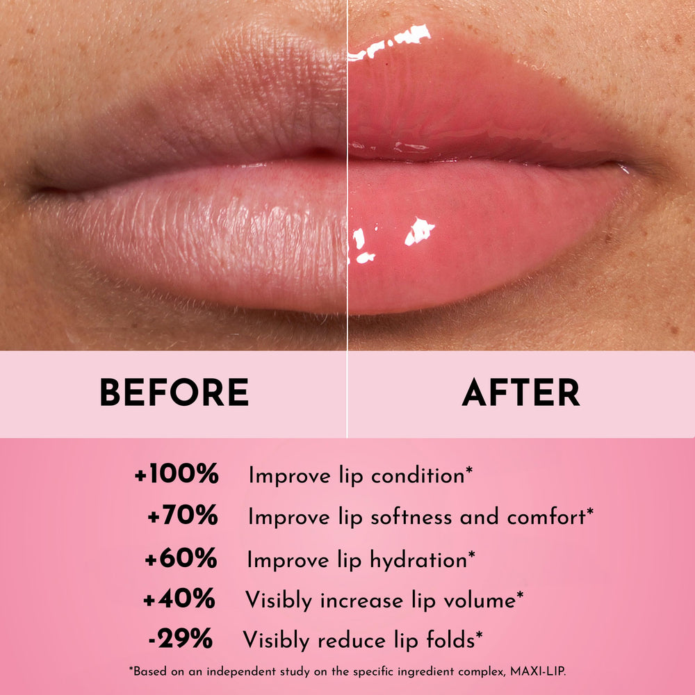 Lawless Forget The Filler Velvet Pink gloss over lip to show mirror shine and smooth surface