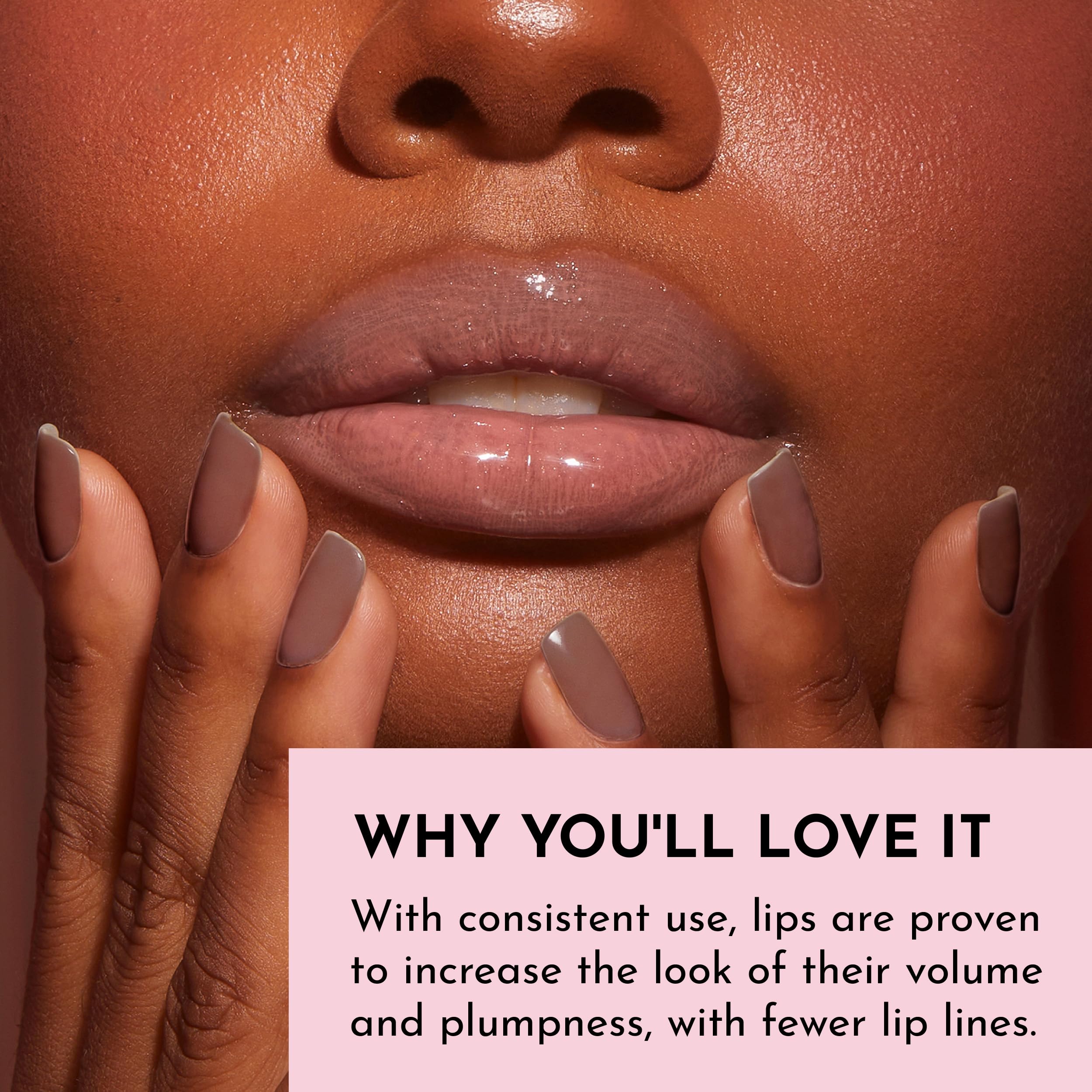 Lawless Forget The Filler Lip Plumper Nudie Pink on lips with visible plump and gloss.
