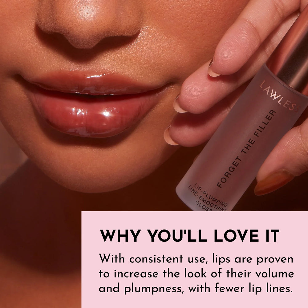 Lawless Forget The Filler Maple Sugar lip swatch shows glass-like finish.