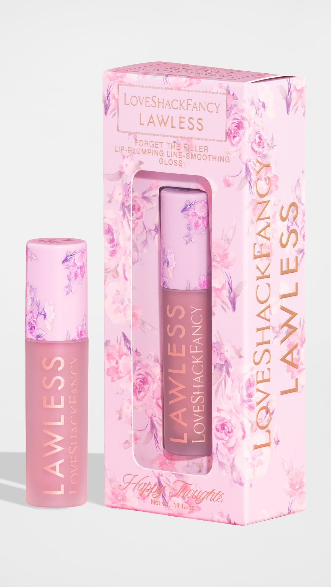Lawless Forget The Filler gloss packaging shows limited-edition LoveShackFancy design for glam.