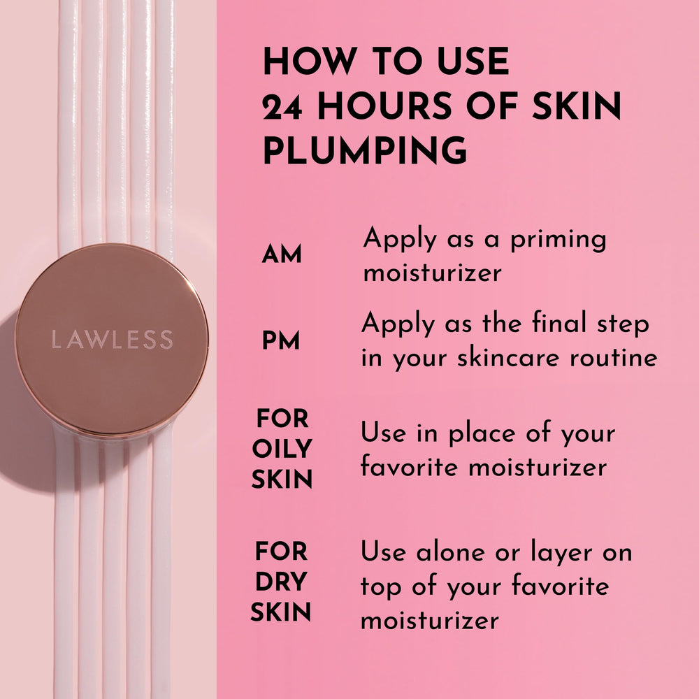 Lawless Mini Forget the Filler texture close-up shows peptide-rich formula for elasticity.