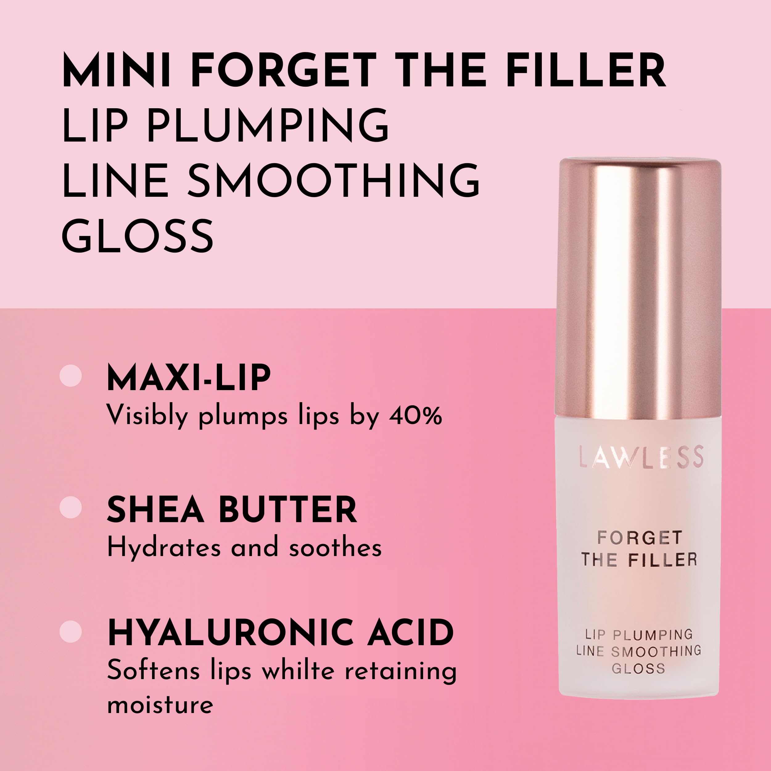 LAWLESS Mini Rosy Outlook gloss swatch shows rosy pink shade for versatile lip color.