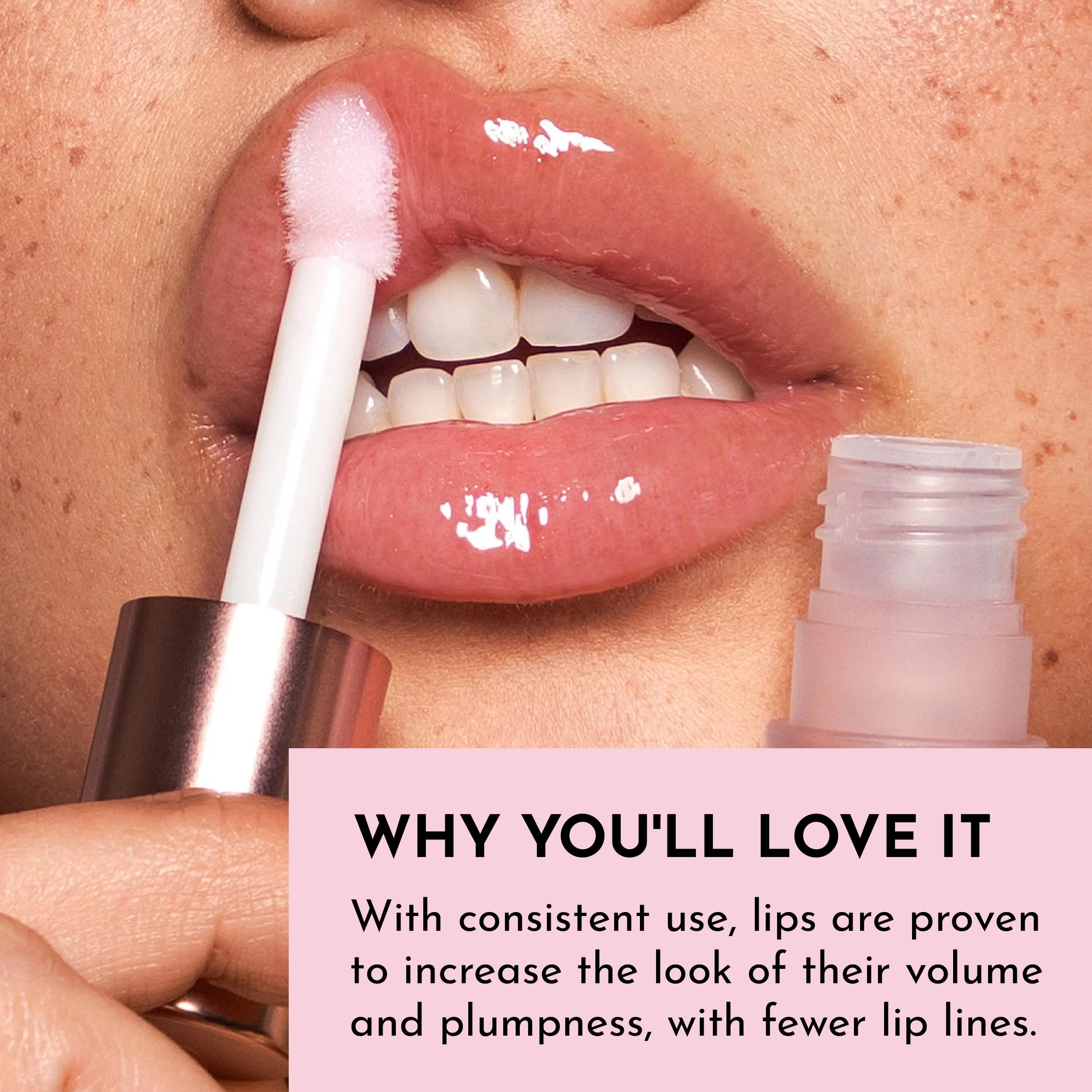 LAWLESS Mini Rosy Outlook on lips showcases glass-like shine with lightweight plumping.