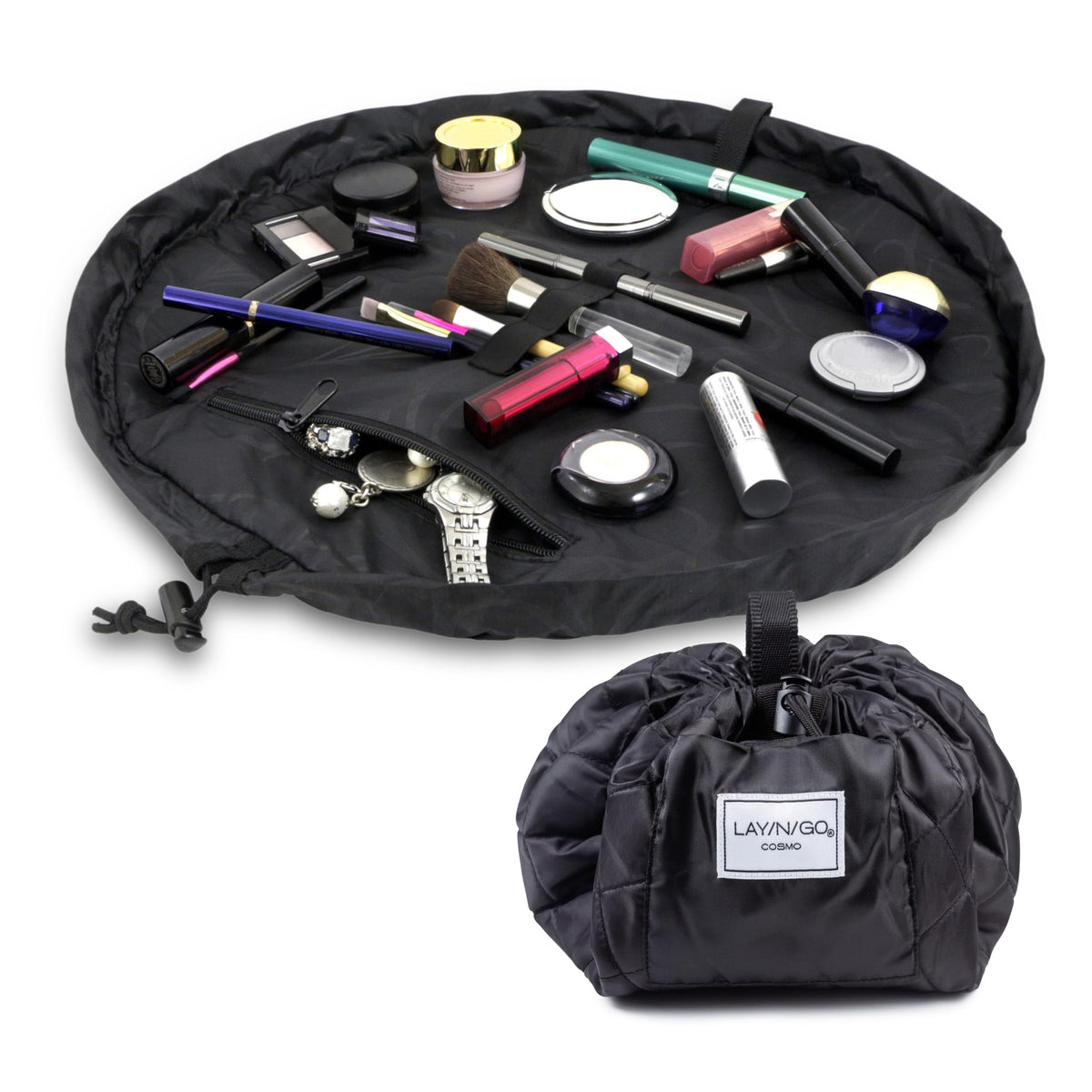 Lay-n-Go Cosmo layflat open reveals instant makeup access for travel