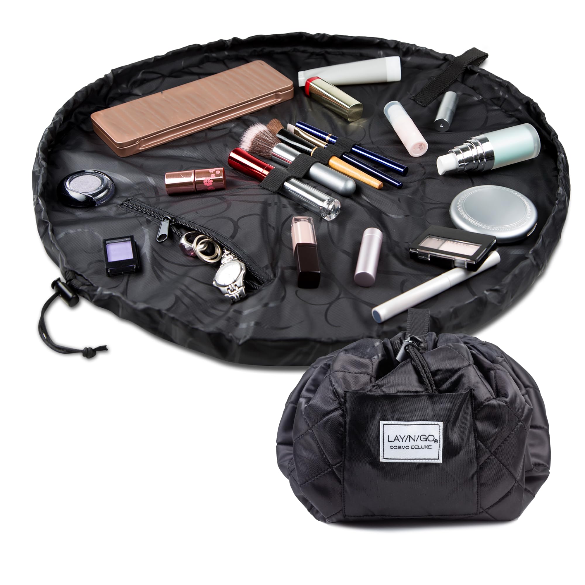 Lay-n-Go Cosmo layflat open shows organized makeup for quick access on travel days.