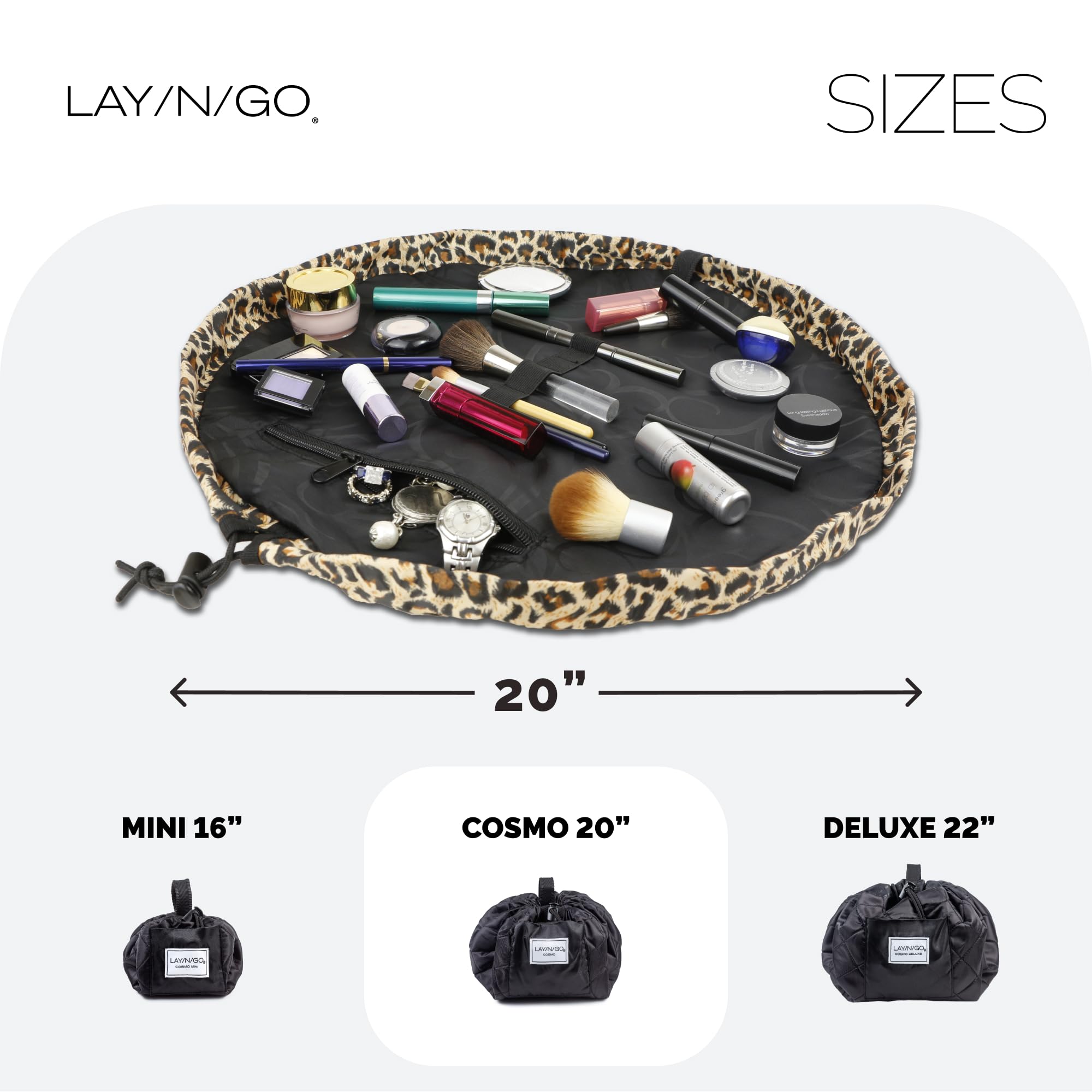 Lay-n-Go Cosmo leopard bag with brush loops and zipper pocket