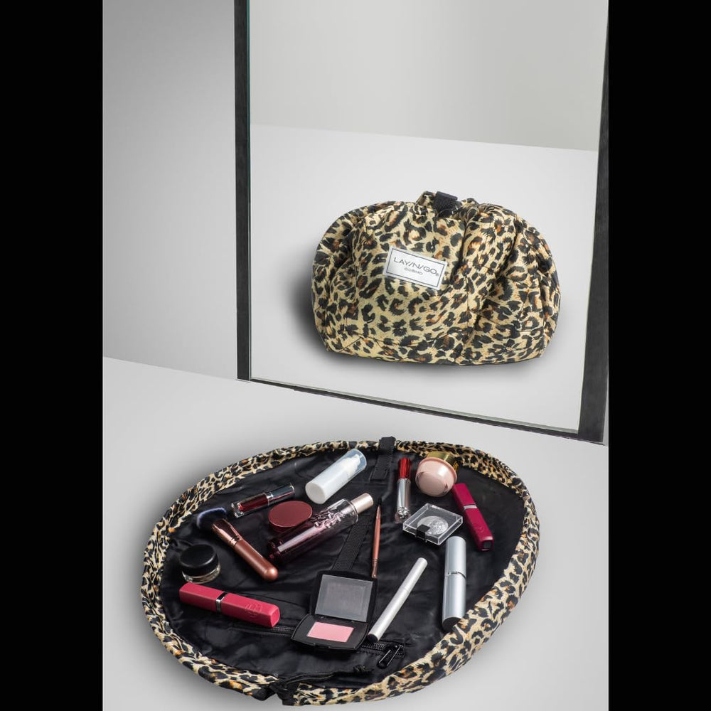 Lay-n-Go Cosmo leopard bag cinched closed for mess-free portability