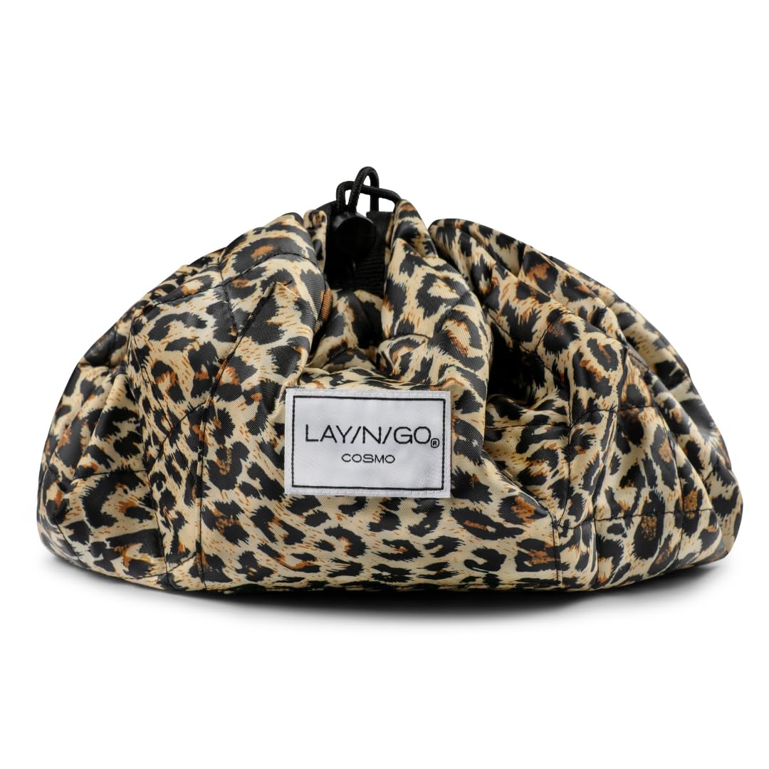 Lay-n-Go Cosmo leopard layflat bag in carry-on for fast access